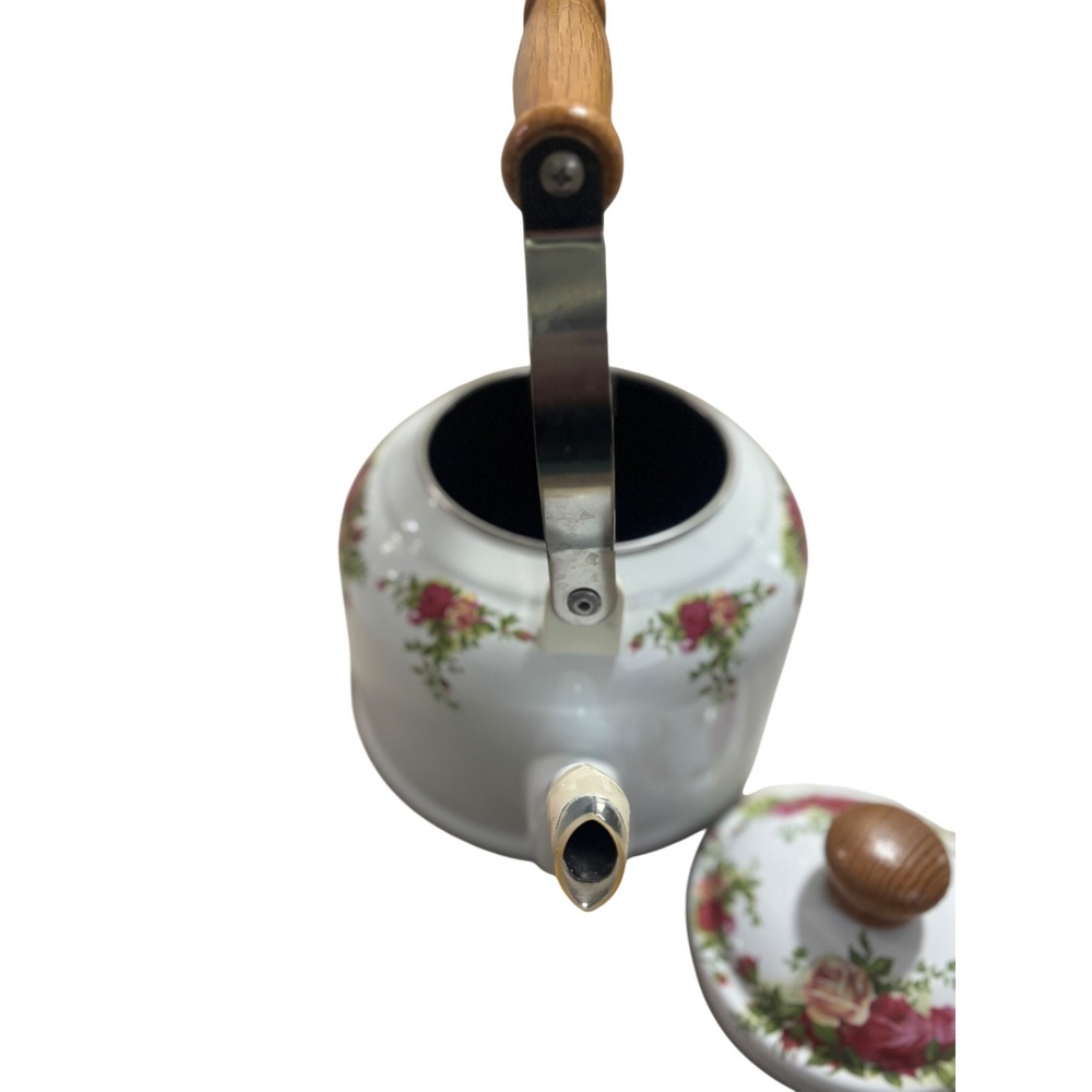 Vintage Royal Albert Tea Kettle White Stovetop Pot Wood Handle Rose Pattern - Picture 7 of 13